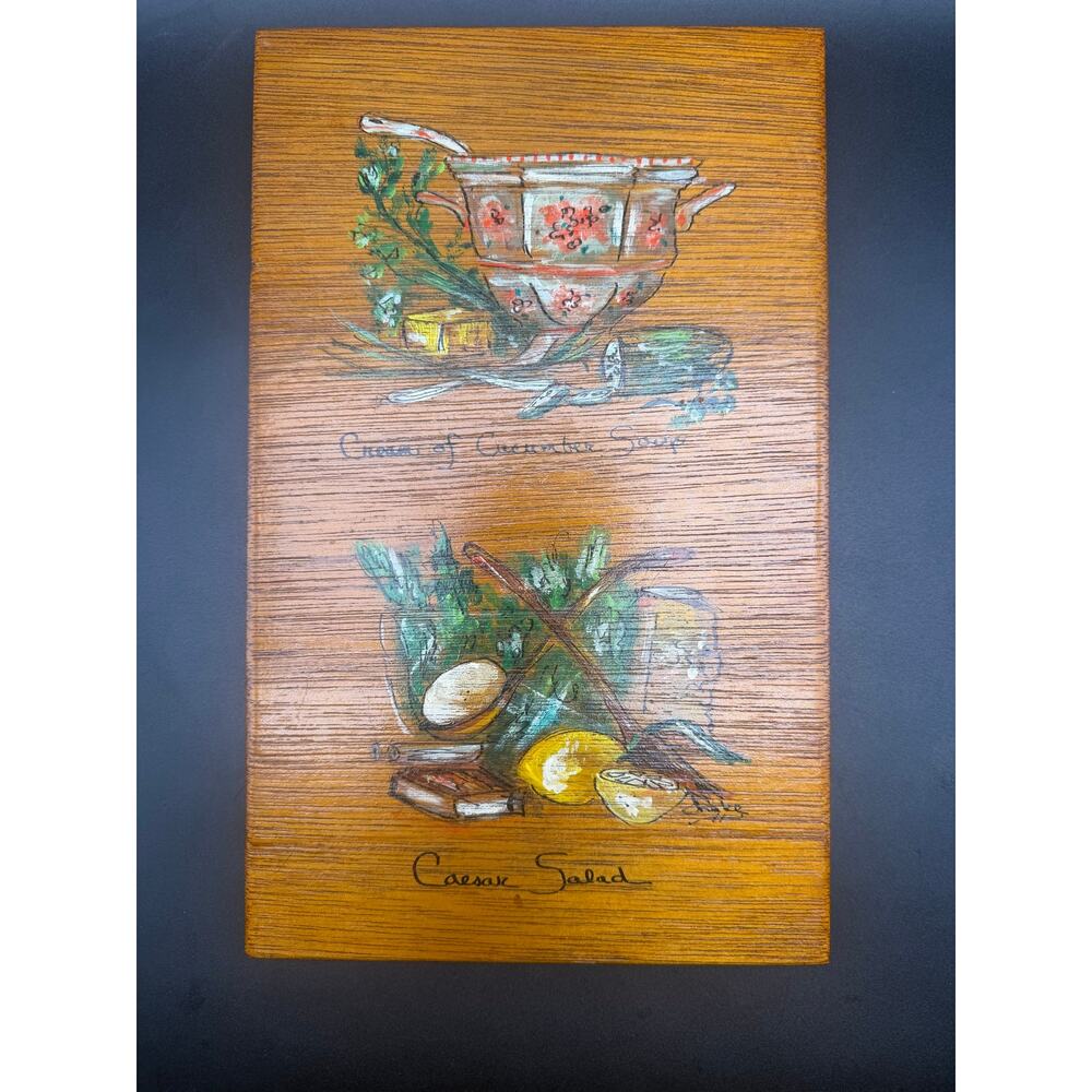 Vintage Signed Hand Painted Wood Kitchen Menu Plaque Cream of Celery Soup Caesar